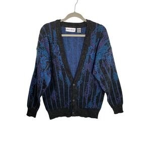 Vintage Michael Gerald Mens Cardigan Medium Blue Purple Black Abstract Knit 80s